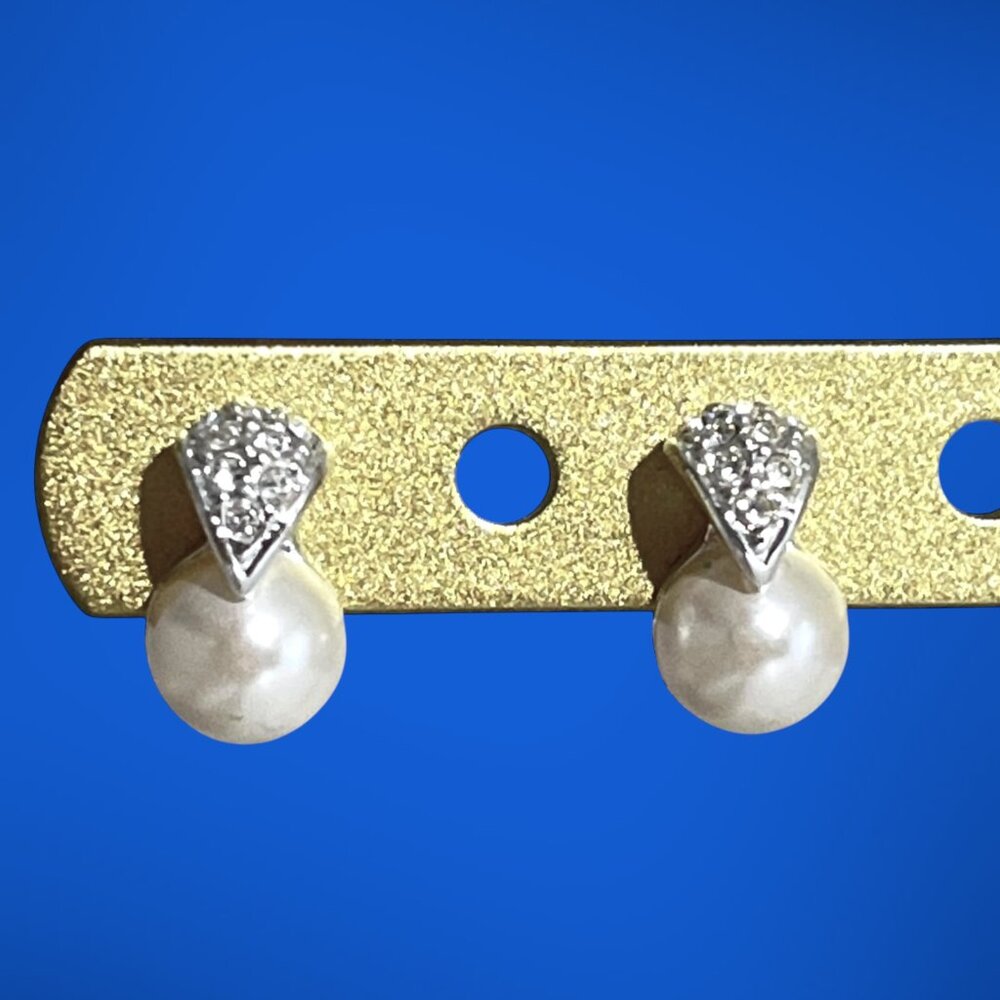 Imitation Pearl Stud Earrings Silver Tone Pave Crystal Wedding Bridal Jewelry